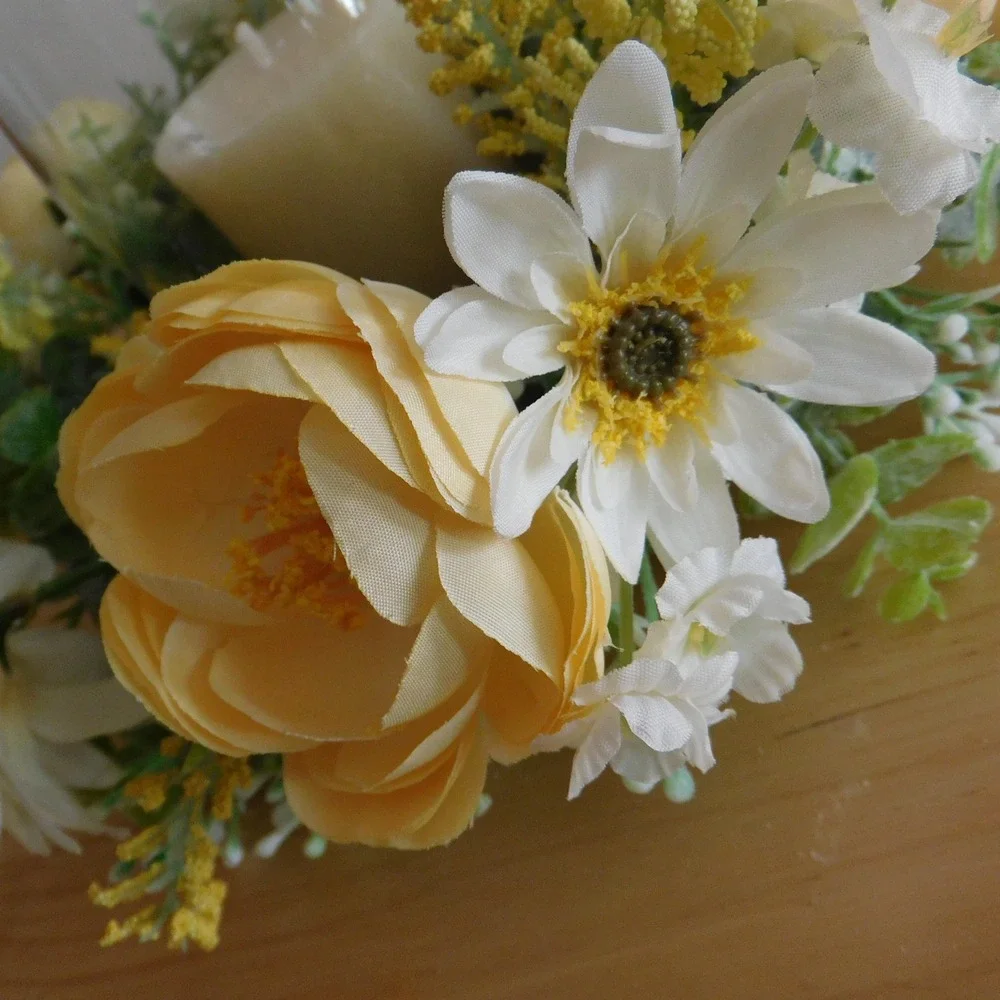 Yellow and White Floral Wreath, 11 Inch Candle Ring Centerpiece